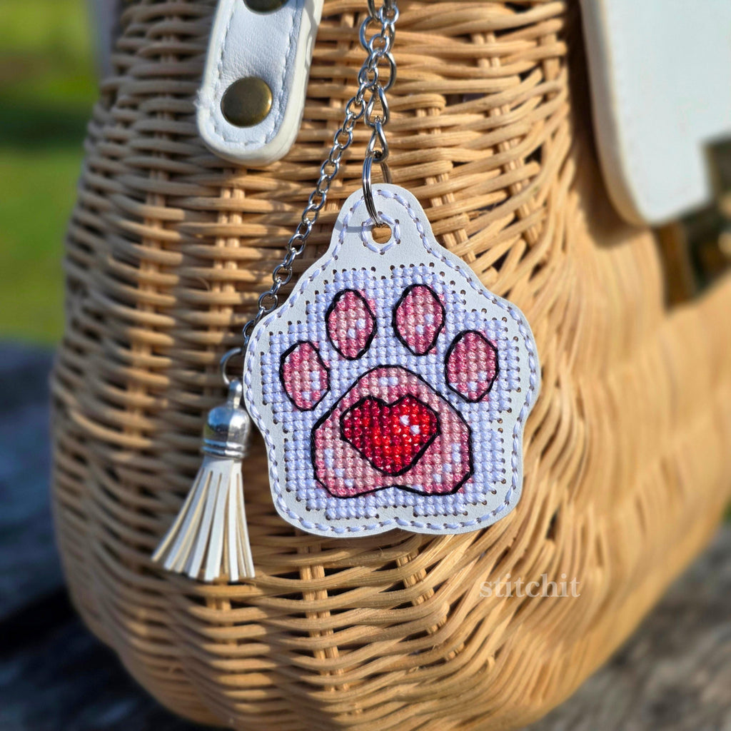 Cat Paw Cross Stitch Keychain Kit on White Faux Leather