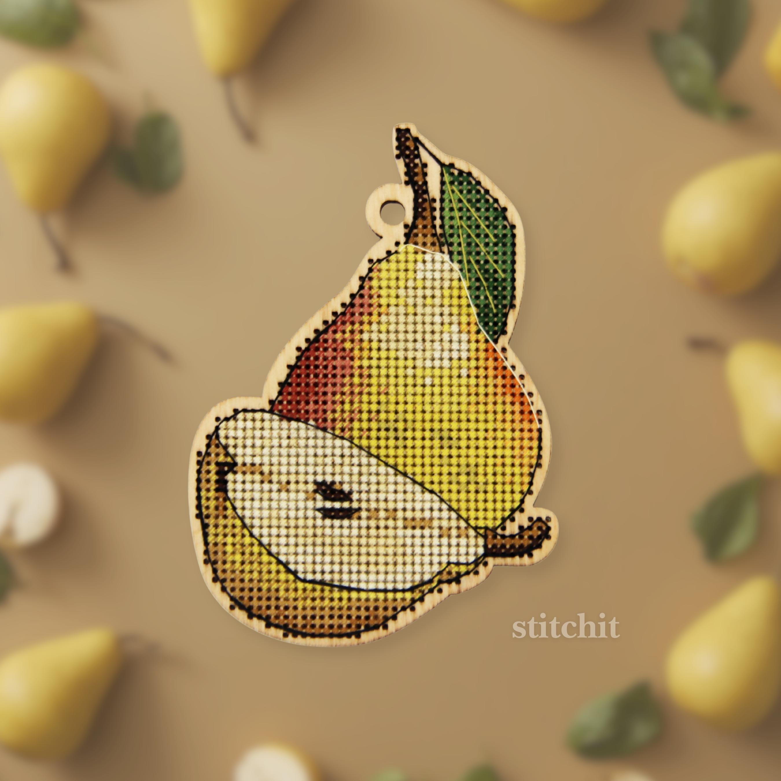 Pear Cross Stitch Kit on Wood | Cottagecore Fruit Decor