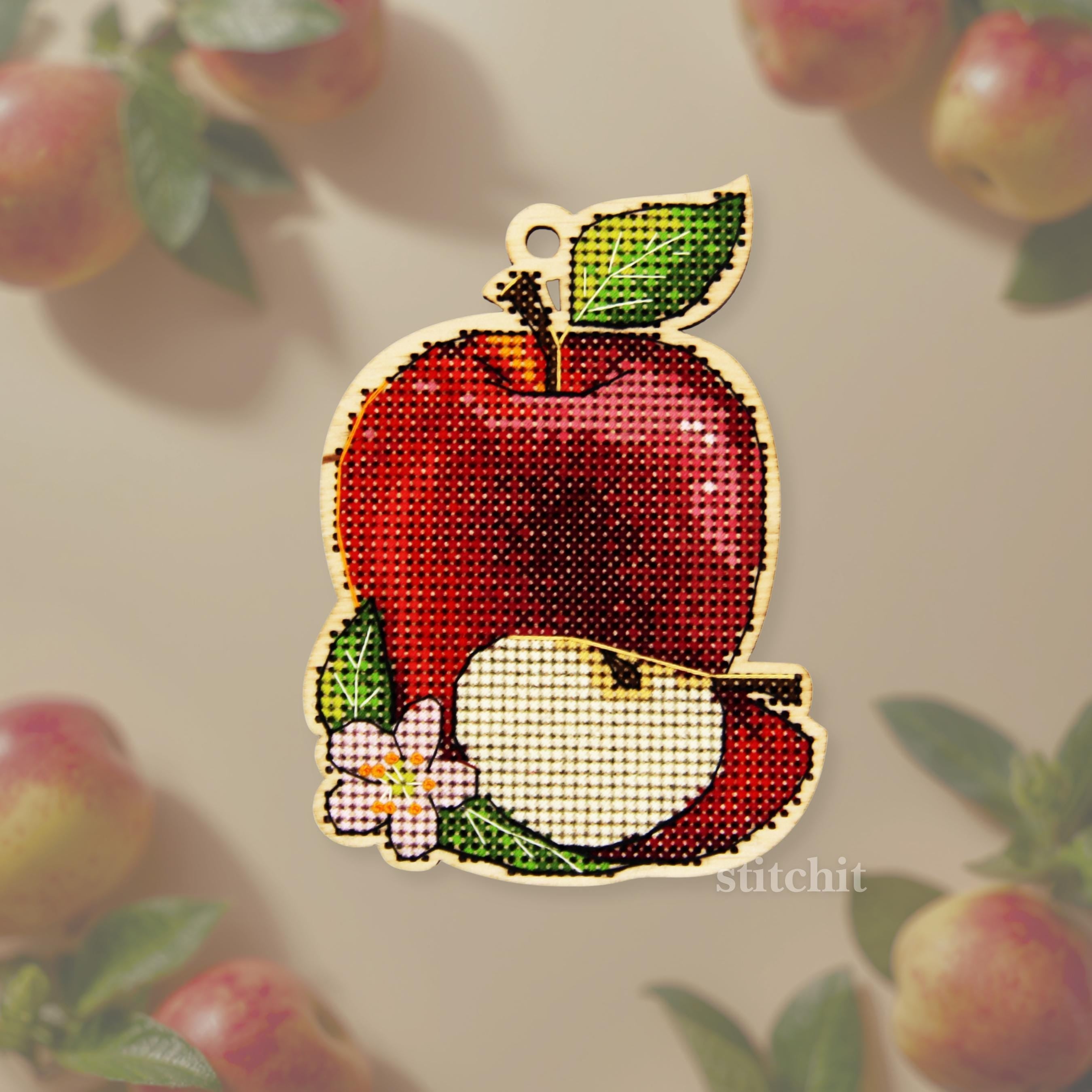 Apple Cross Stitch Kit on Wood | Cottagecore Fruit Decor