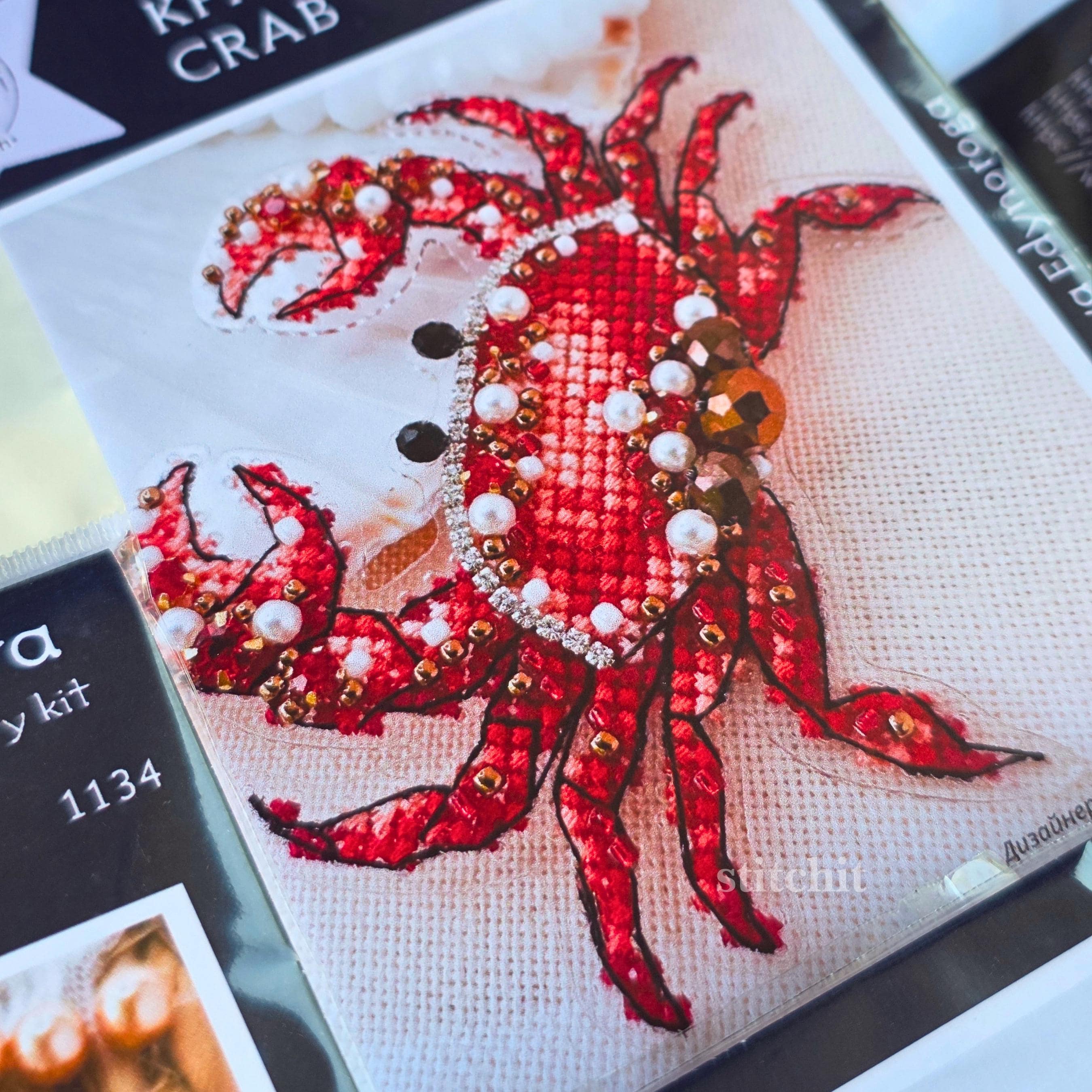 Crab Beaded Cross Stitch Kit | Ocean Animal Embroidery Ornament, Flexible Plastic Base