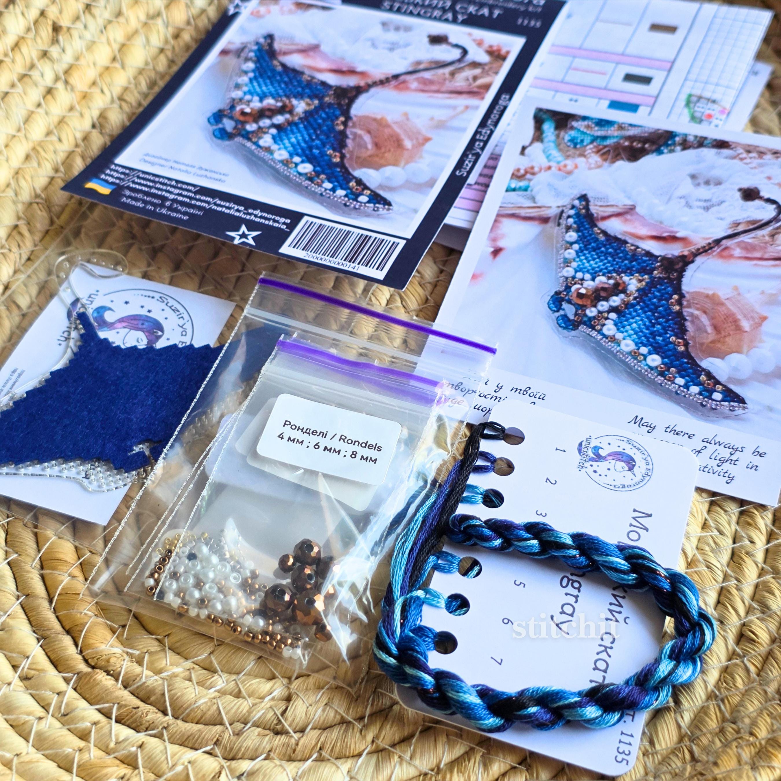 Stingray Beaded Cross Stitch Kit | Ocean Animal Embroidery Ornament, Flexible Plastic Base