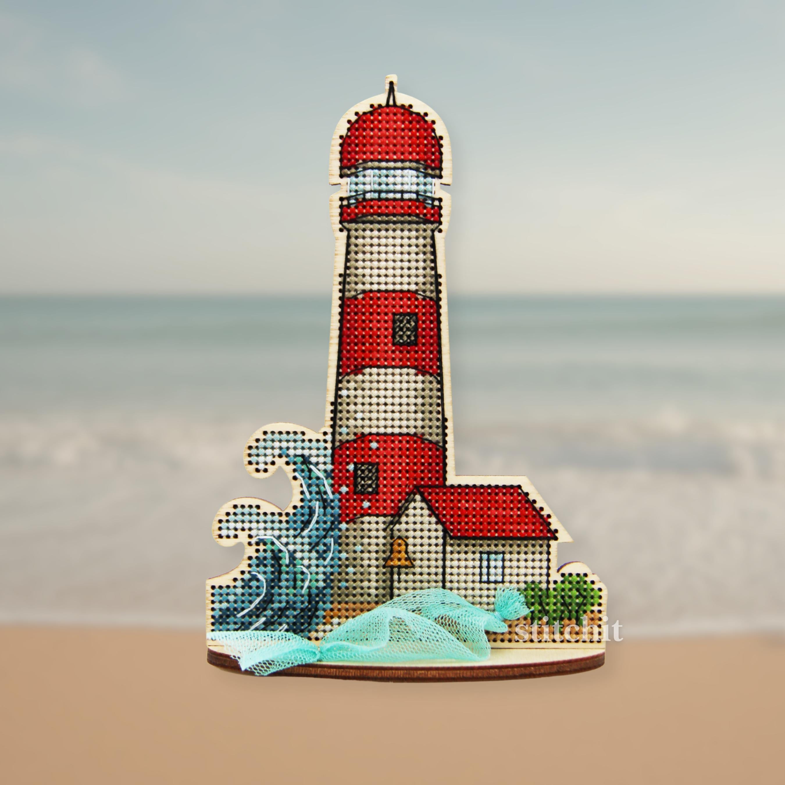 Lighthouse Cross Stitch Kit on Wood | Standing Coastal Decor
