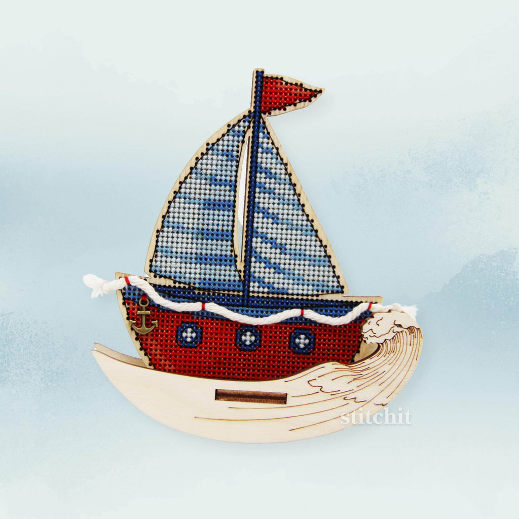 Sailboat Cross Stitch Kit on Wood | Standing Nautical Decor