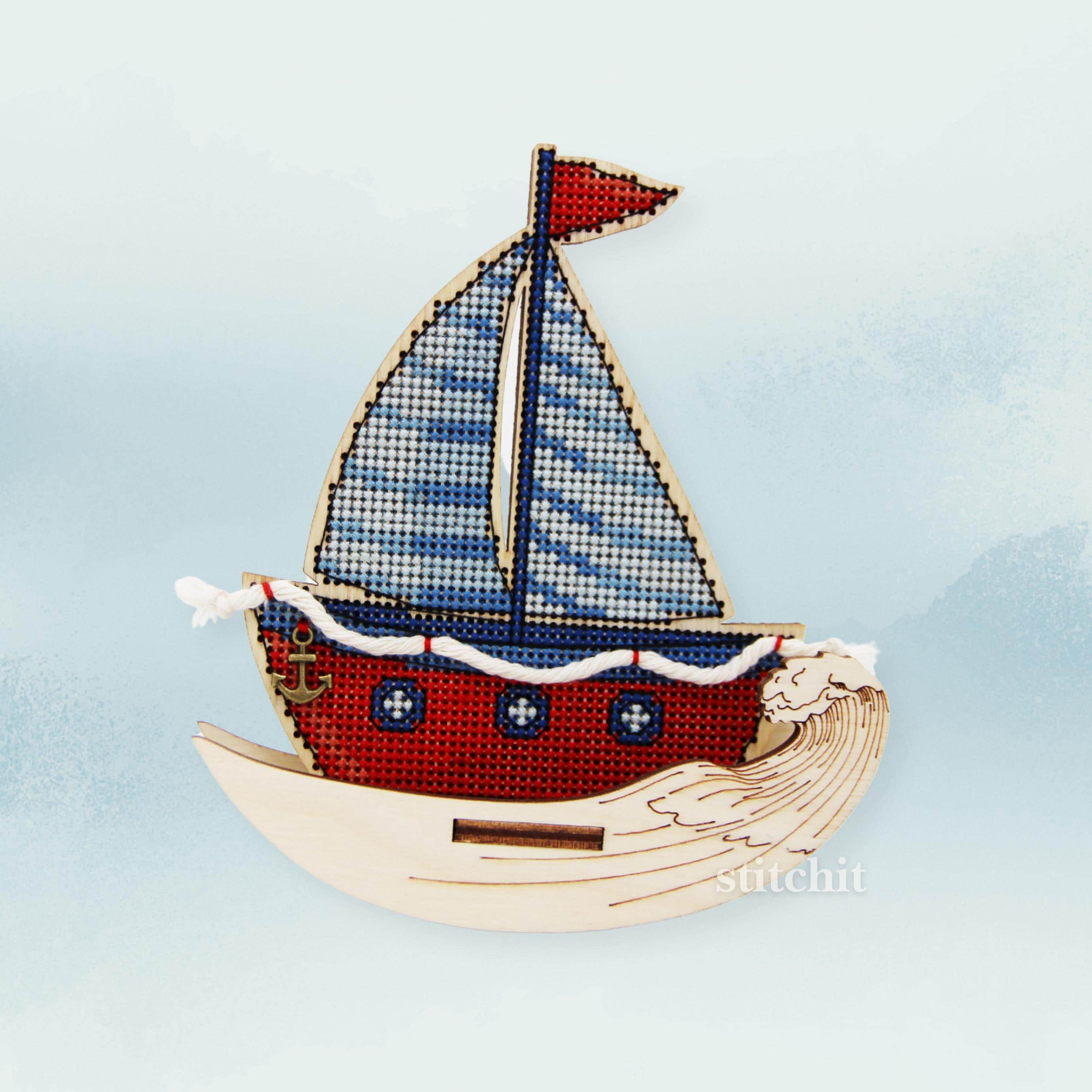 Sailboat Cross Stitch Kit on Wood | Standing Nautical Decor