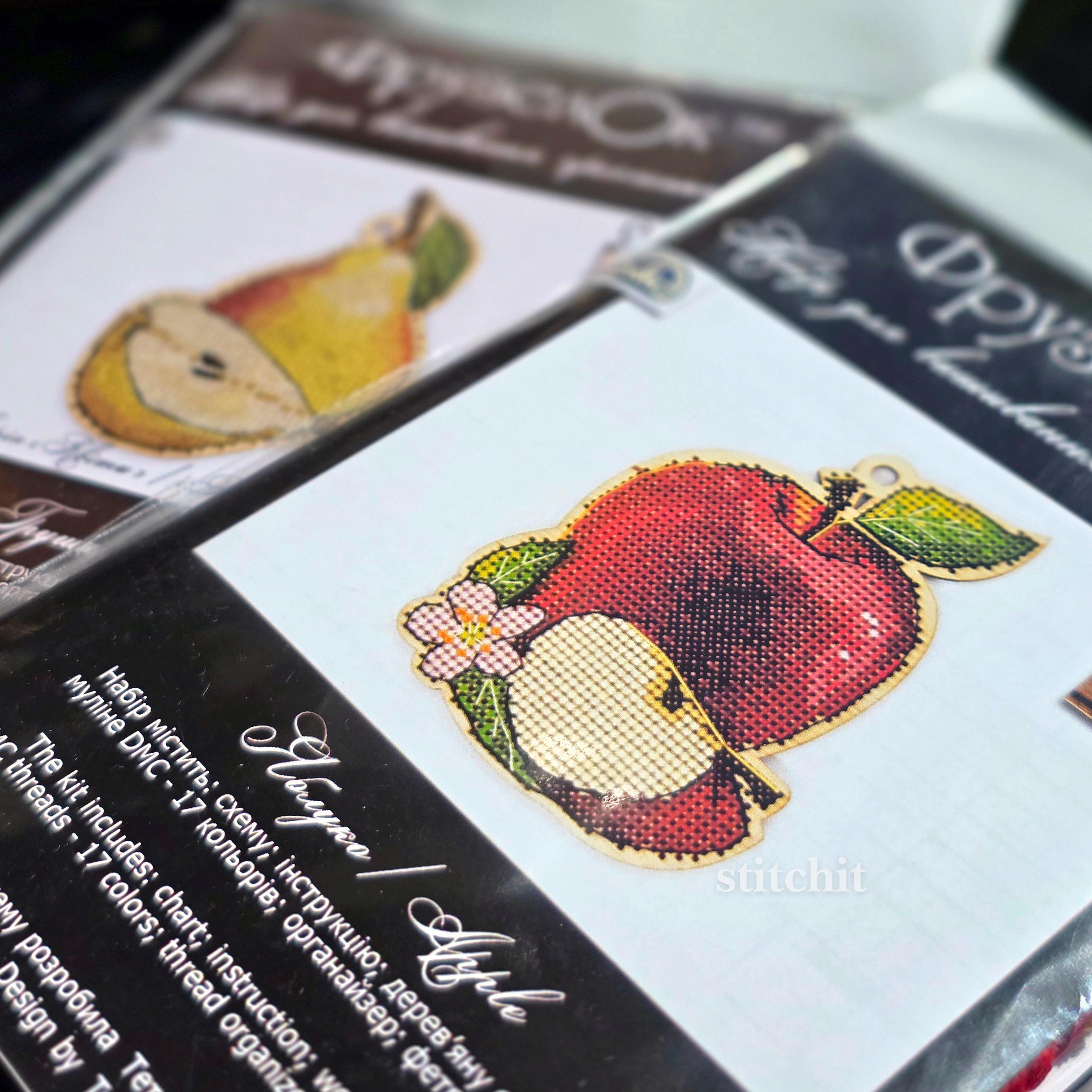 Apple Cross Stitch Kit on Wood | Cottagecore Fruit Decor