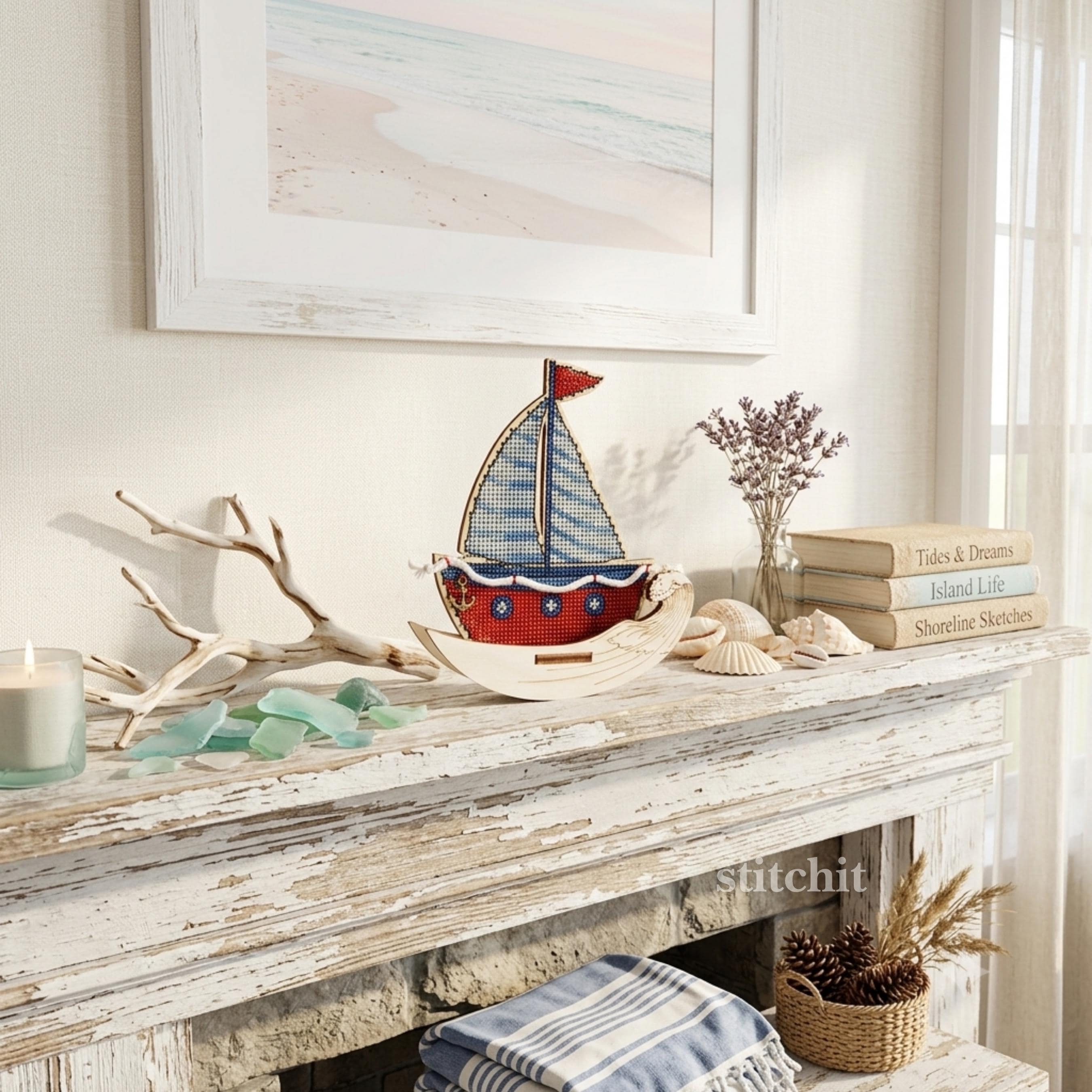Sailboat Cross Stitch Kit on Wood | Standing Nautical Decor