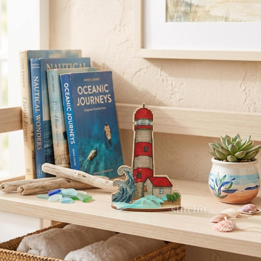 Lighthouse Cross Stitch Kit on Wood | Standing Coastal Decor