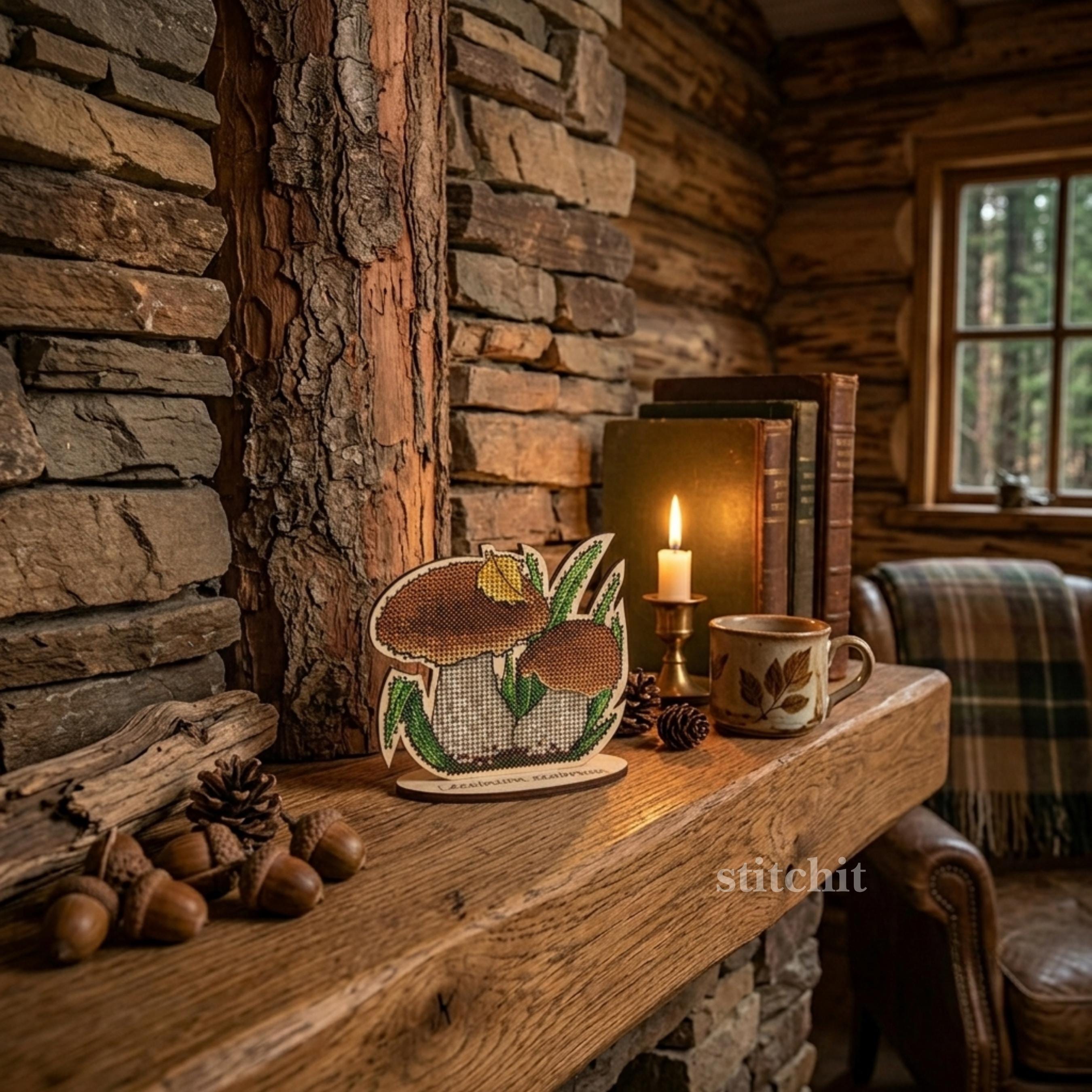 Forest Mushroom Cross Stitch Kit on Wood — finished birch bolete on a wooden stand displayed on a mantel in a cosy cabin interior