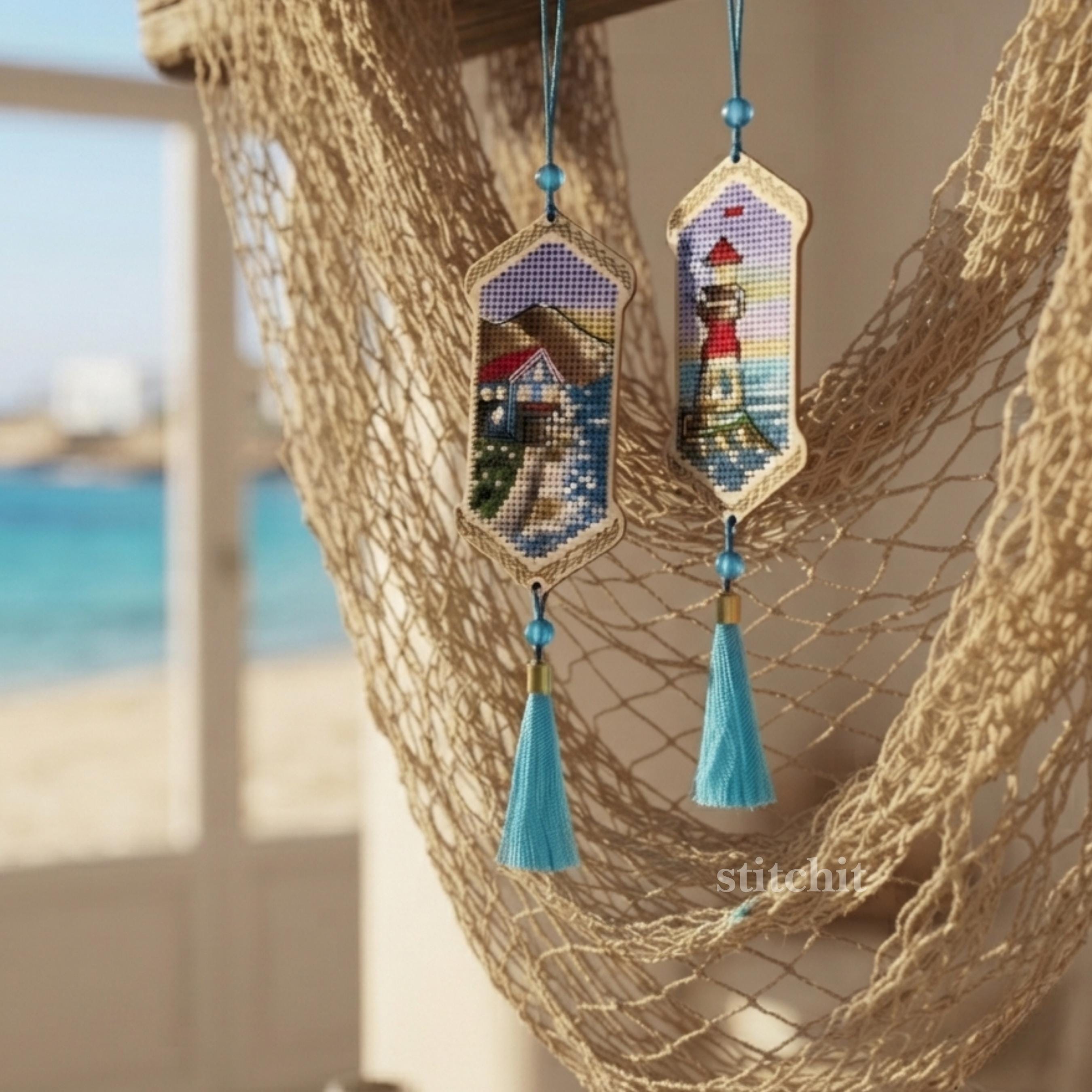 Mini Lighthouse Cross Stitch Kit on Wood with Beads & Tassel | Nautical Ornaments