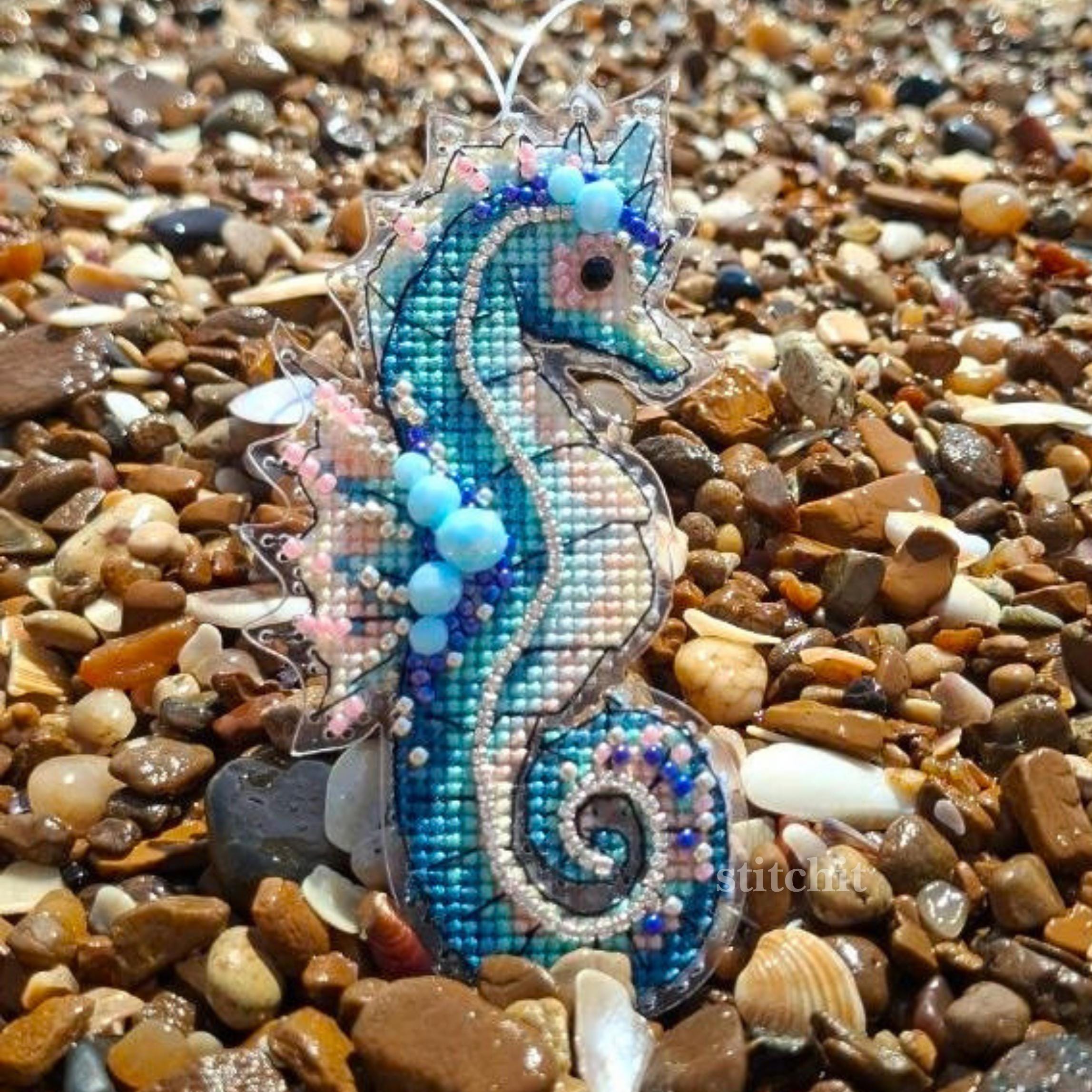 Seahorse Beaded Cross Stitch Kit | Ocean Animal Embroidery Ornament, Flexible Plastic Base