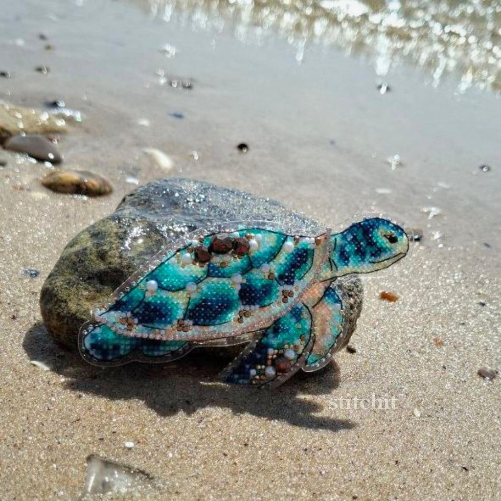 Sea Turtle Beaded Cross Stitch Kit | Ocean Animal Embroidery Ornament, Flexible Plastic Base