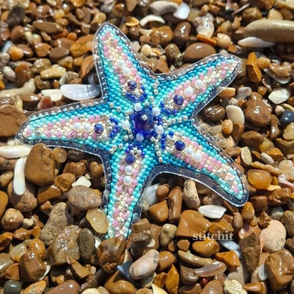 Starfish Beaded Cross Stitch Kit | Ocean Creature Embroidery Ornament, Flexible Plastic Base