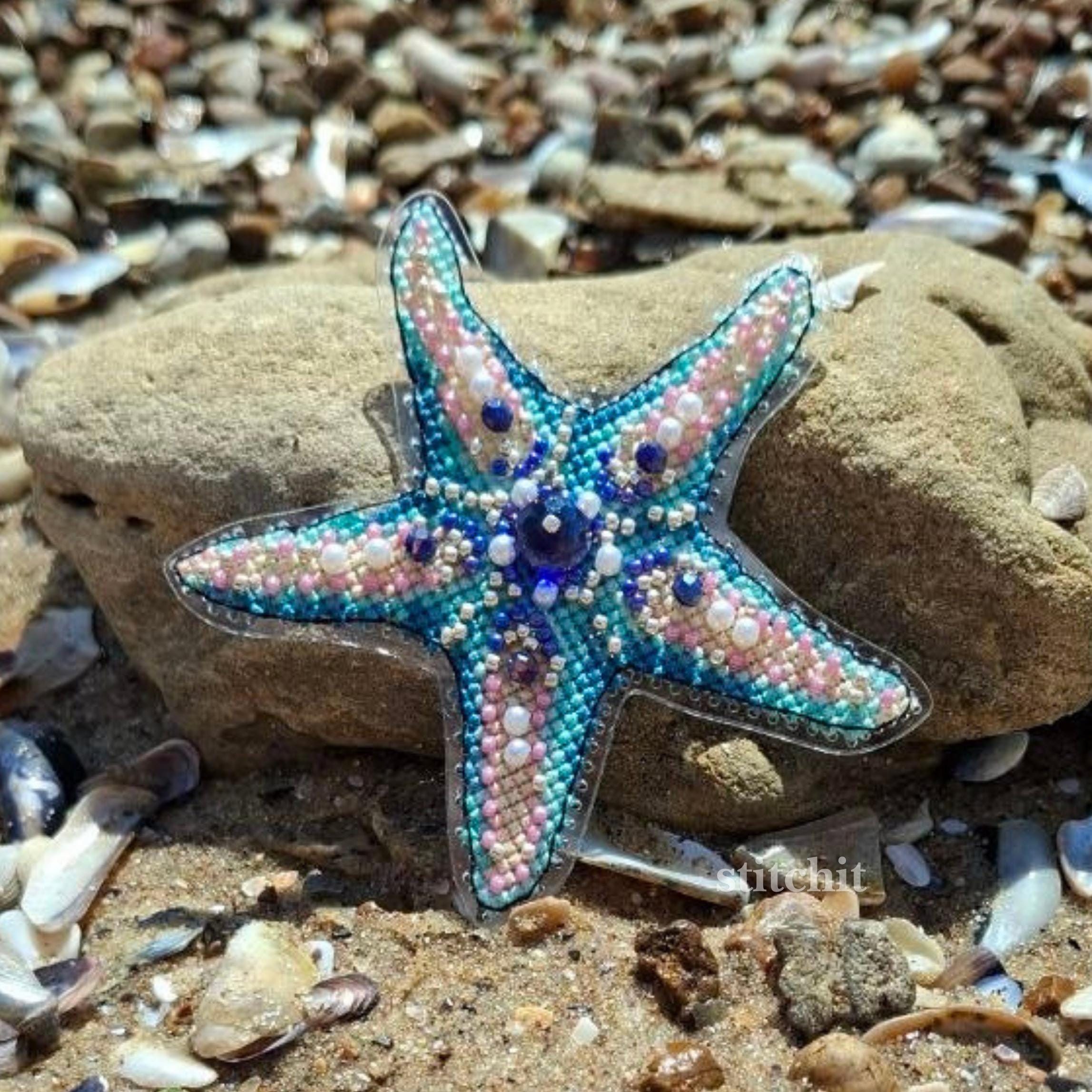 Starfish Beaded Cross Stitch Kit | Ocean Creature Embroidery Ornament, Flexible Plastic Base