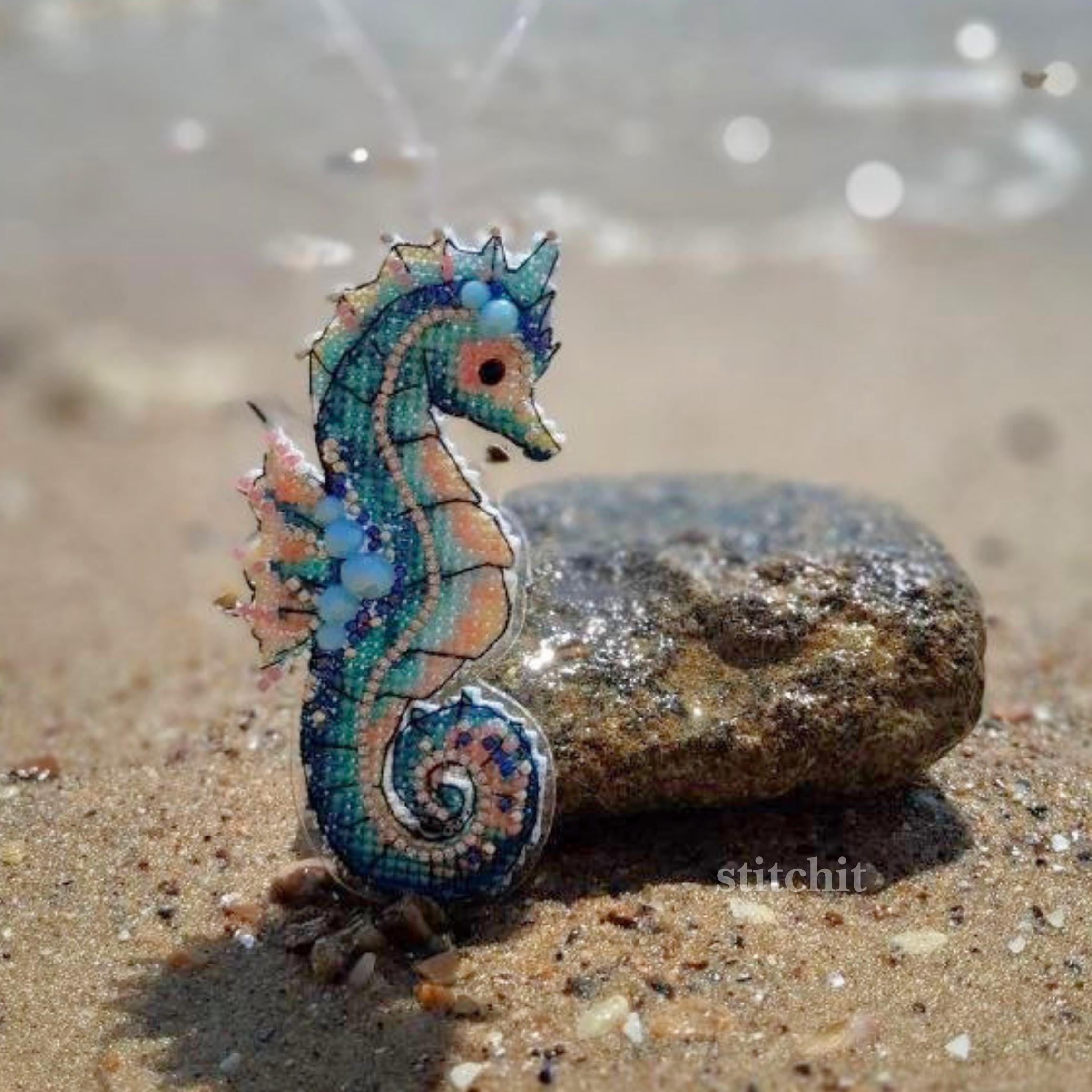 Seahorse Beaded Cross Stitch Kit | Ocean Animal Embroidery Ornament, Flexible Plastic Base