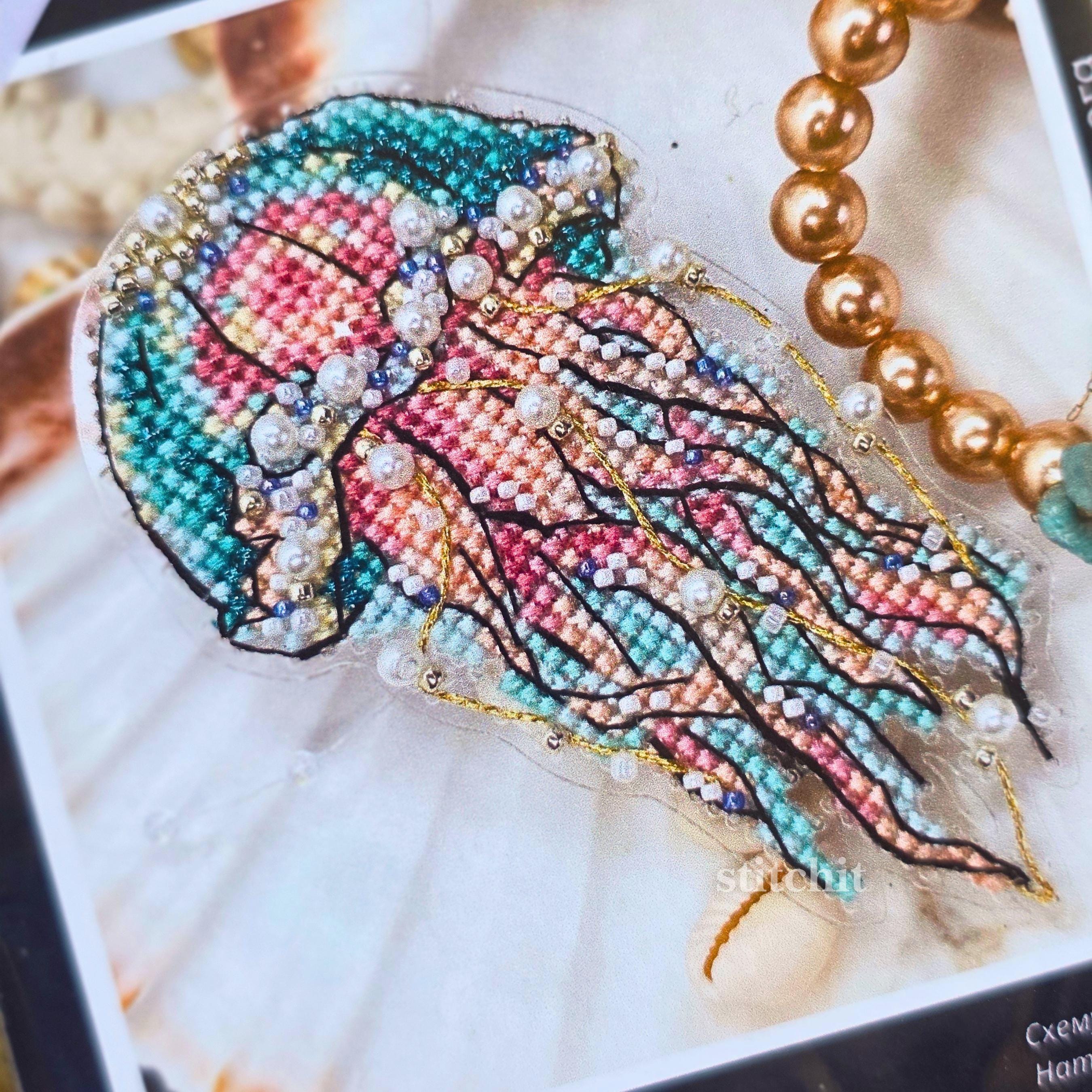 Jellyfish Cross Stitch Kit with Beads & Pearls on Flexible Plastic | Ocean Embroidery Ornament