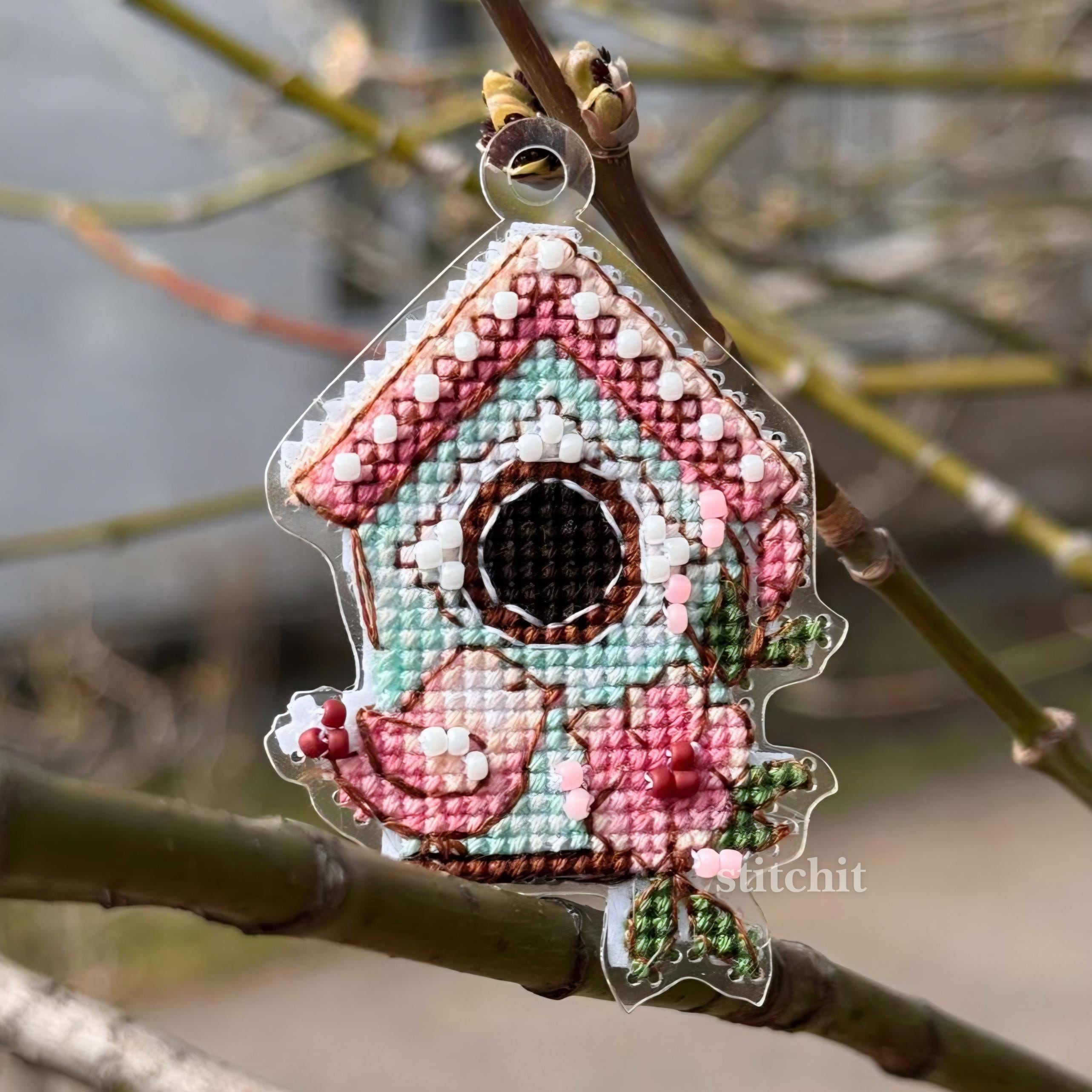 Mini Birdhouse Cross Stitch Kit | Quick Beginner Kit, Flexible Plastic Base