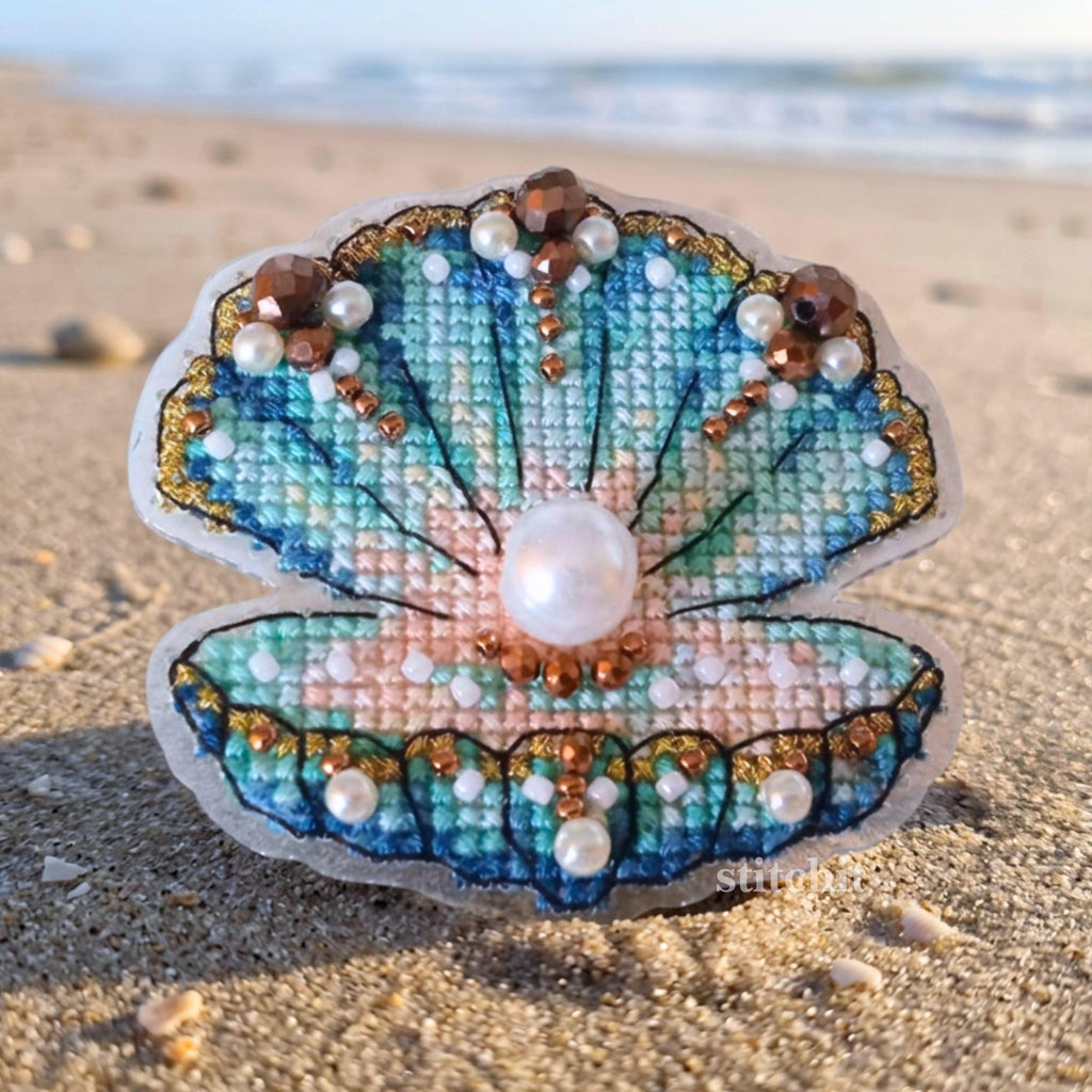 Shell Pearl Bead Cross Stitch Kit on Flexible Plastic | Ocean Embroidery Kit