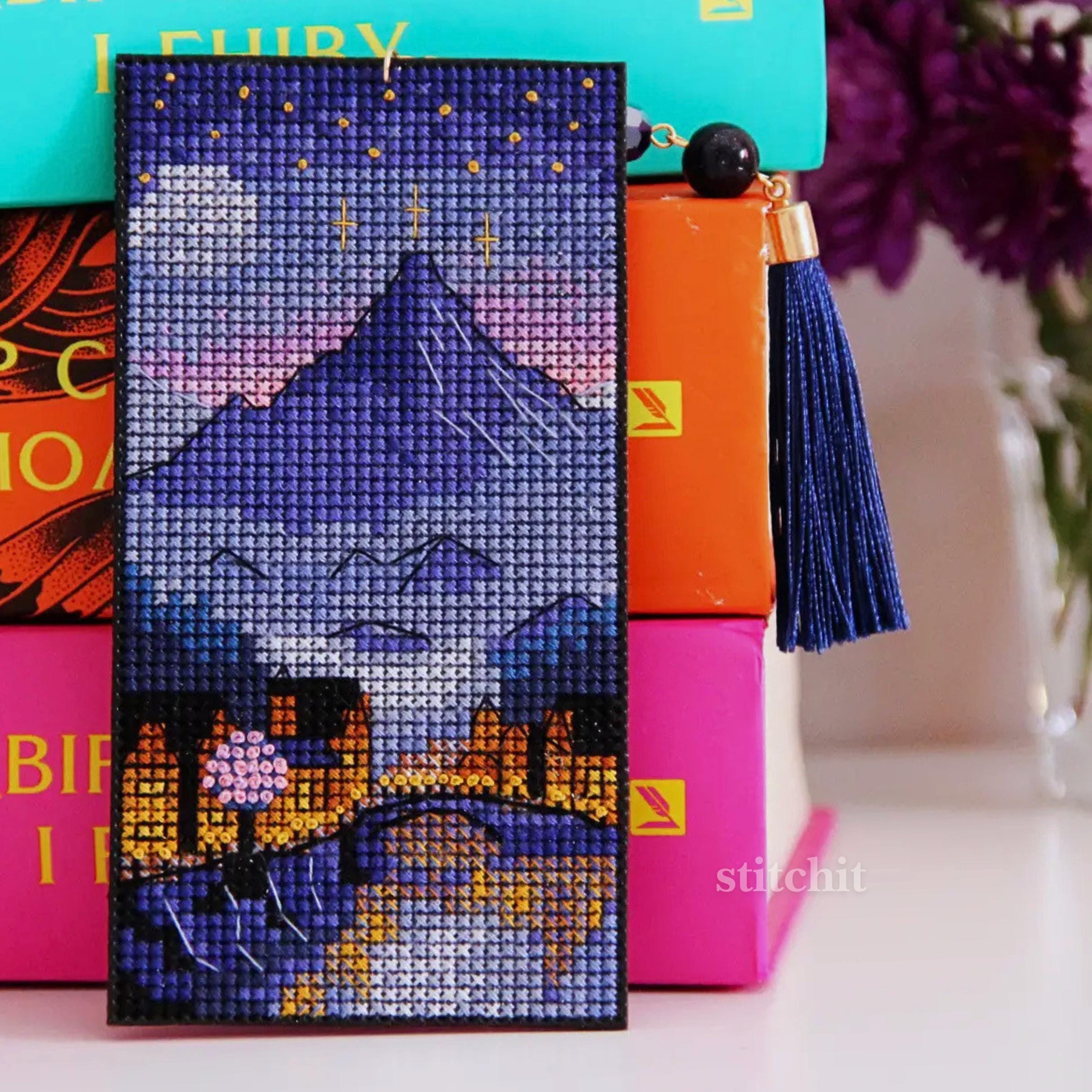 Night City Bookmark Cross Stitch Kit | Cozy Reader Embroidery Kit