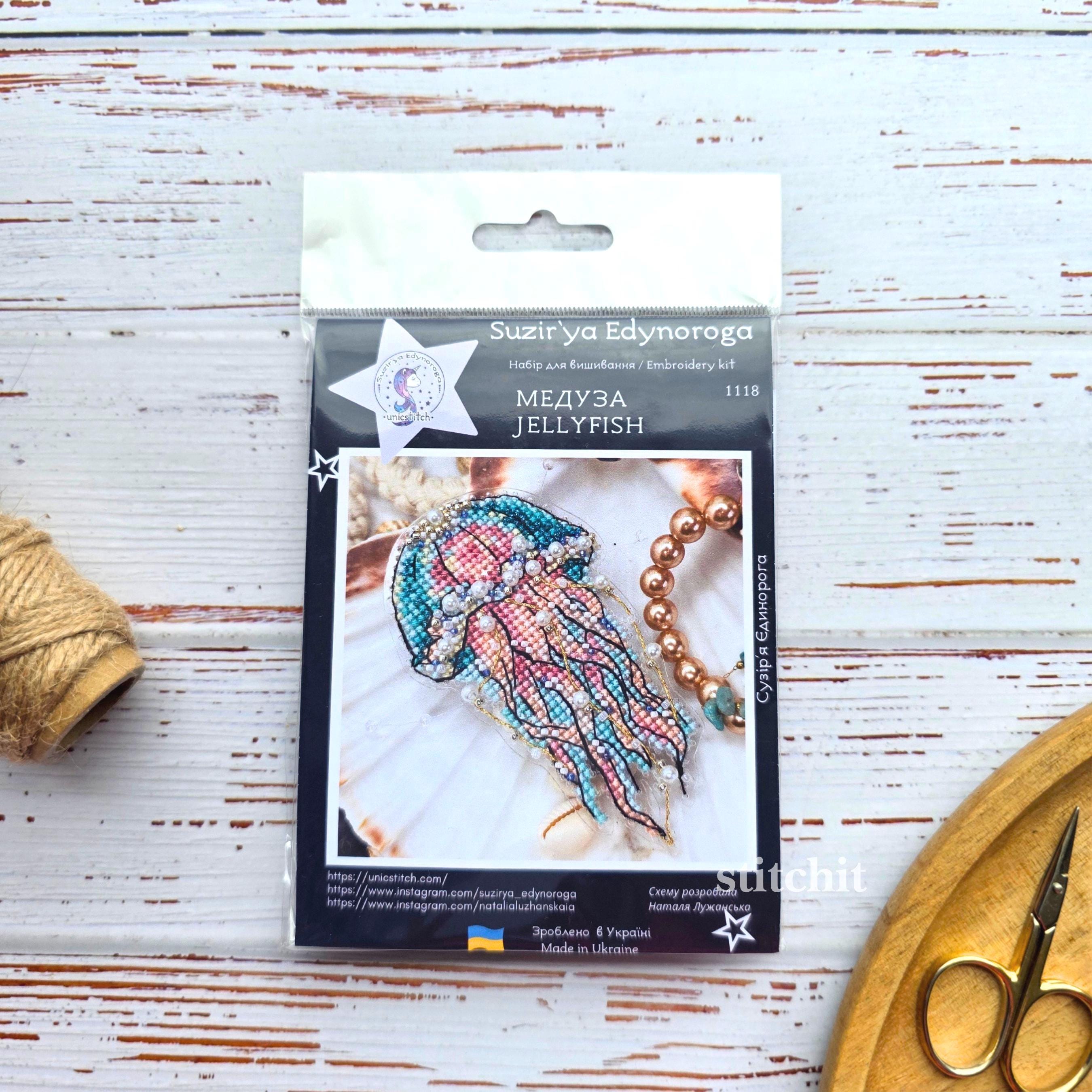 Jellyfish Cross Stitch Kit with Beads & Pearls on Flexible Plastic | Ocean Embroidery Ornament