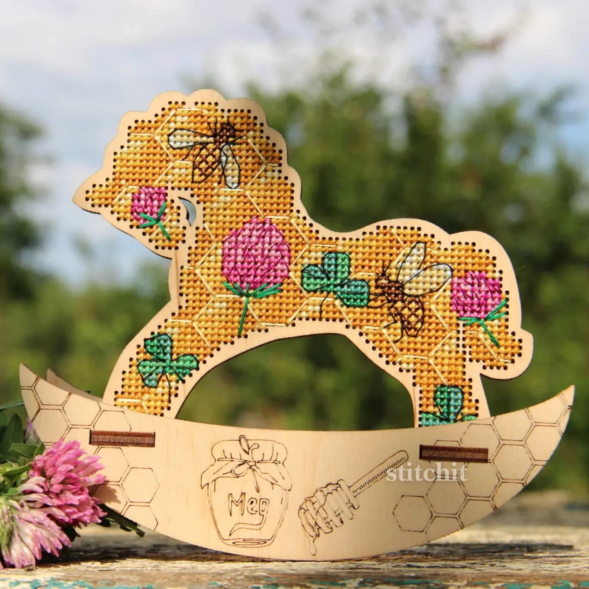 Honey Bee Horse Cross Stitch Kit on Wood | Embroidery Standing Decor