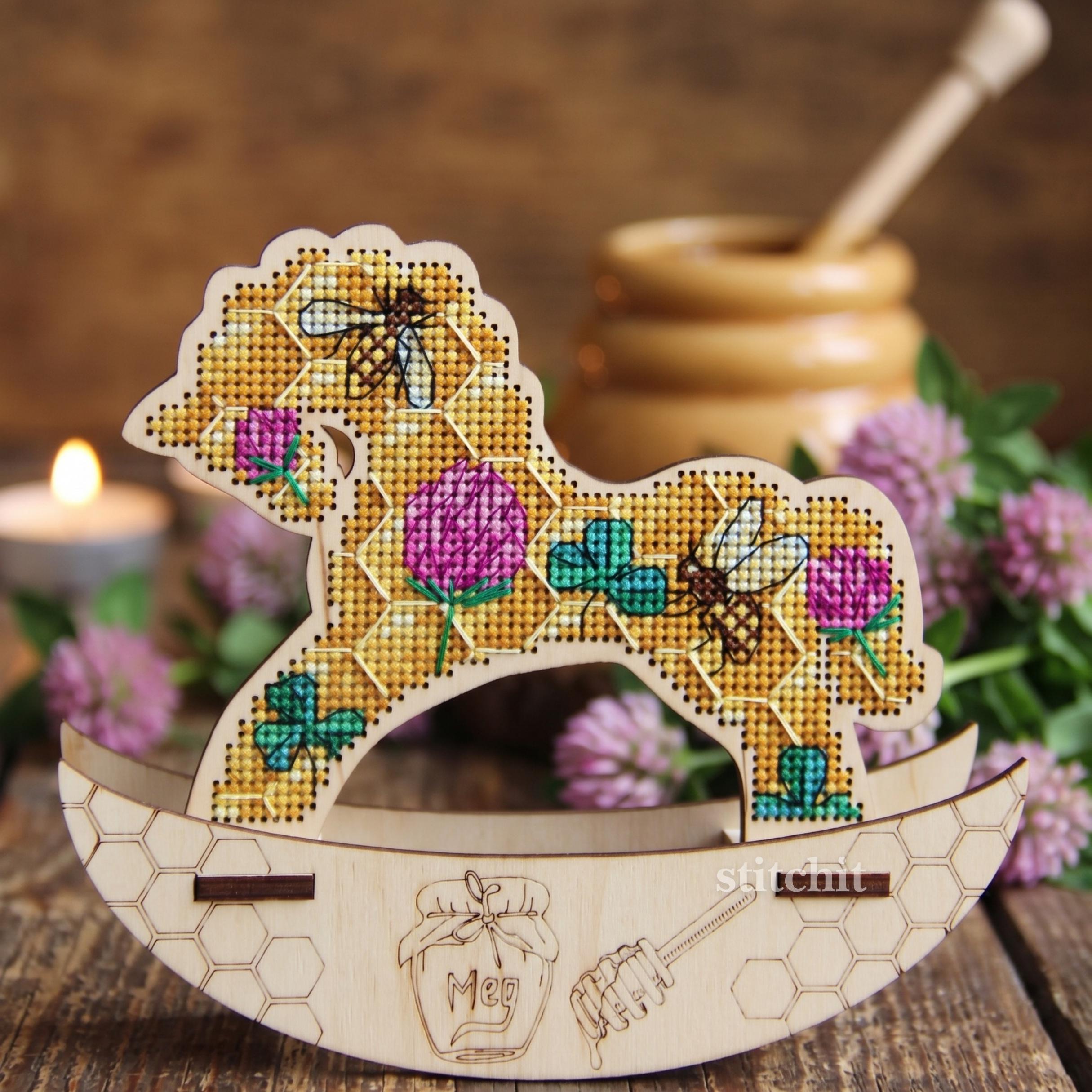 Honey Bee Horse Cross Stitch Kit on Wood | Embroidery Standing Decor