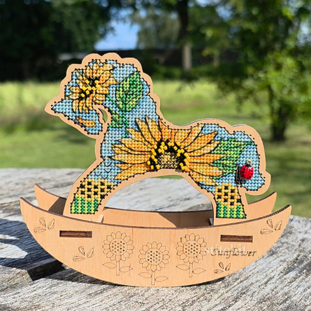 Sunflower Horse Cross Stitch Kit on Wood | Embroidery Standing Decor