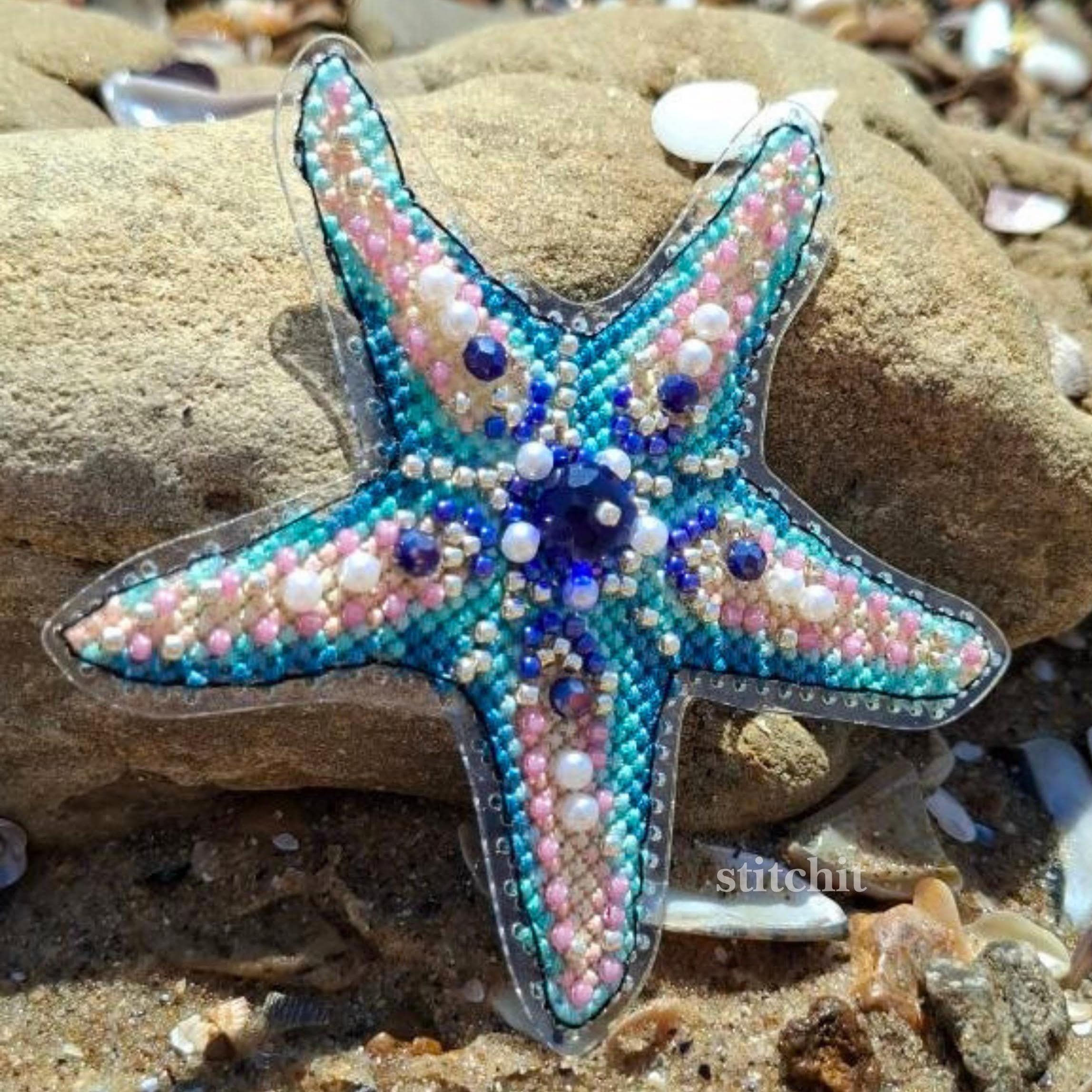 Starfish Beaded Cross Stitch Kit | Ocean Creature Embroidery Ornament, Flexible Plastic Base