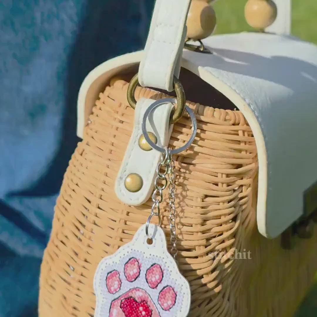 Cat Paw Cross Stitch Keychain Kit on White Faux Leather