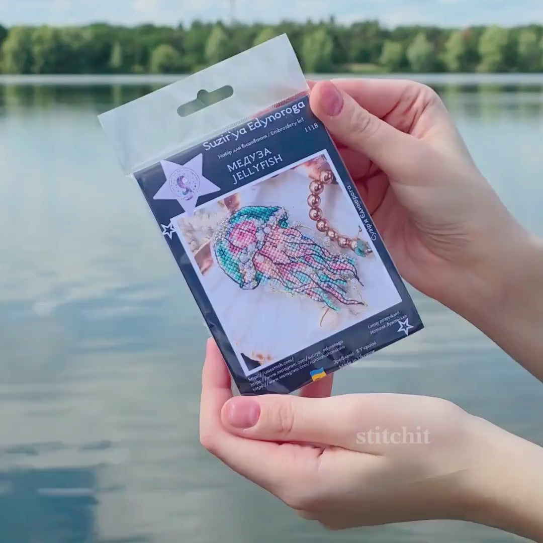 Jellyfish Cross Stitch Kit with Beads & Pearls on Flexible Plastic | Ocean Embroidery Ornament