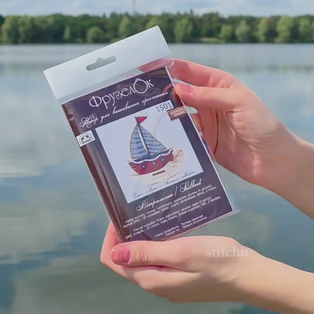 Sailboat Cross Stitch Kit on Wood | Standing Nautical Decor