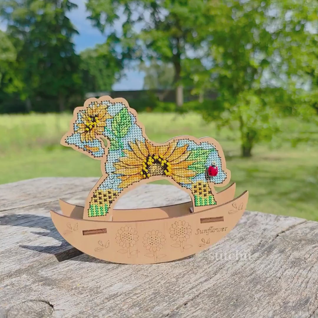 Sunflower Horse Cross Stitch Kit on Wood | Embroidery Standing Decor