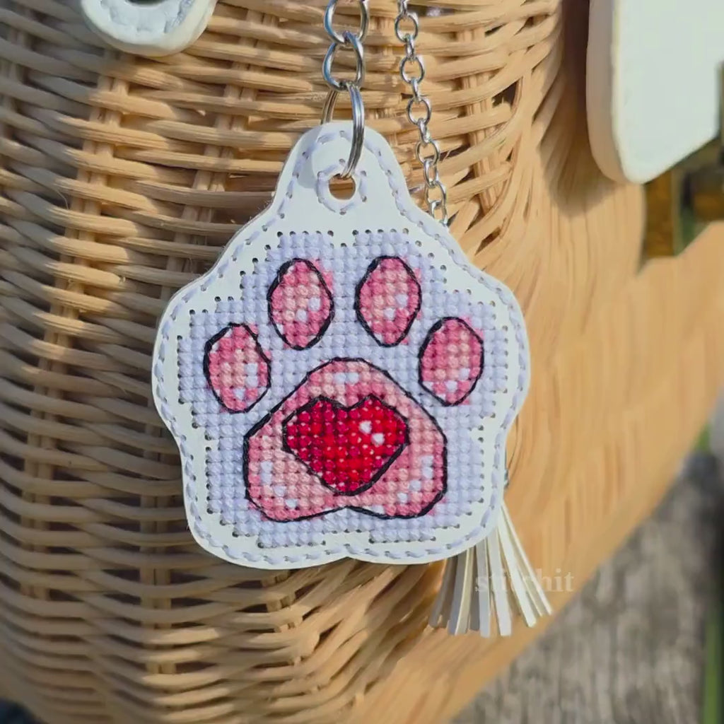 Cat Paw Cross Stitch Keychain Kit on White Faux Leather