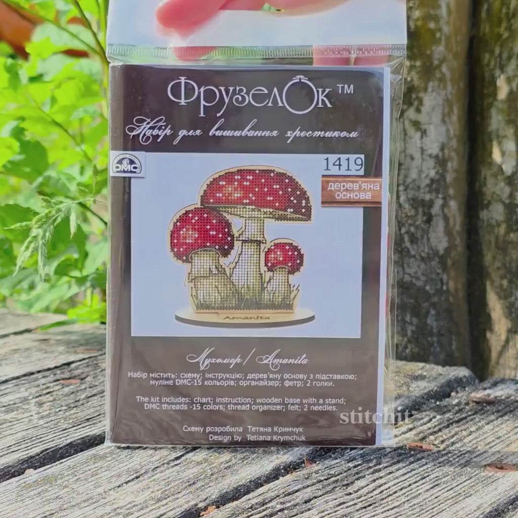 Mushroom Cross Stitch Kit on Wood | Amanita Fly Agaric Decor